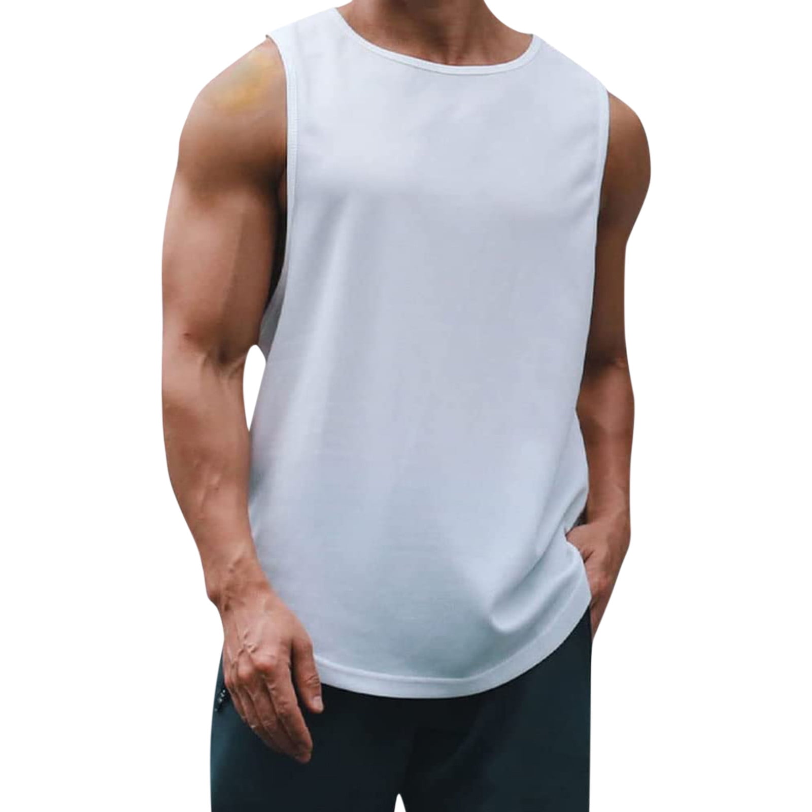 Mens Tank Tops Workout White Solid Popularity Fitness Sports Gart Loose ...