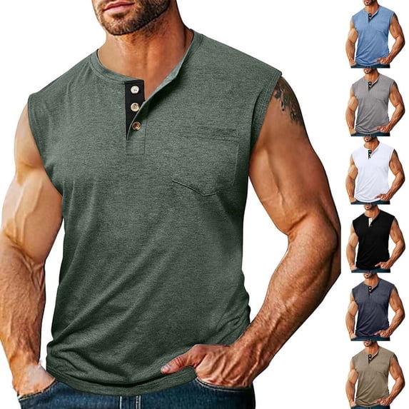 Mens Tank Undershirts Men Fashion Solid Color Versatile Pocket Button Sleeveless Round Neck Tank Light Blue XXXL