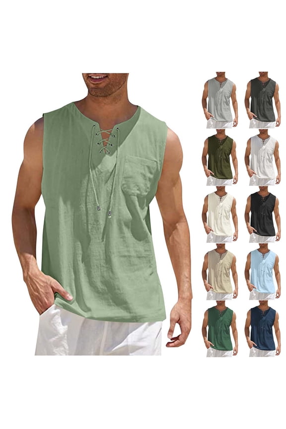 Mens Tanktop Mens Tank Tops Mens Tanks Men Solid-Color Fashionable Loose Casual Drawstring Pocket Sleeveless V-neck Tank Top Navy L