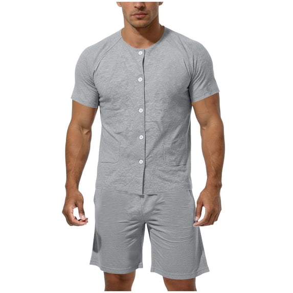 Mens Tear Away Post Surgery Clothing Short Sleeve Crew Neck Button Down Shirts with Shorts Loose Fit Loungewear for Bedridden Elderly Patients Comfortable Breathable Pajamas