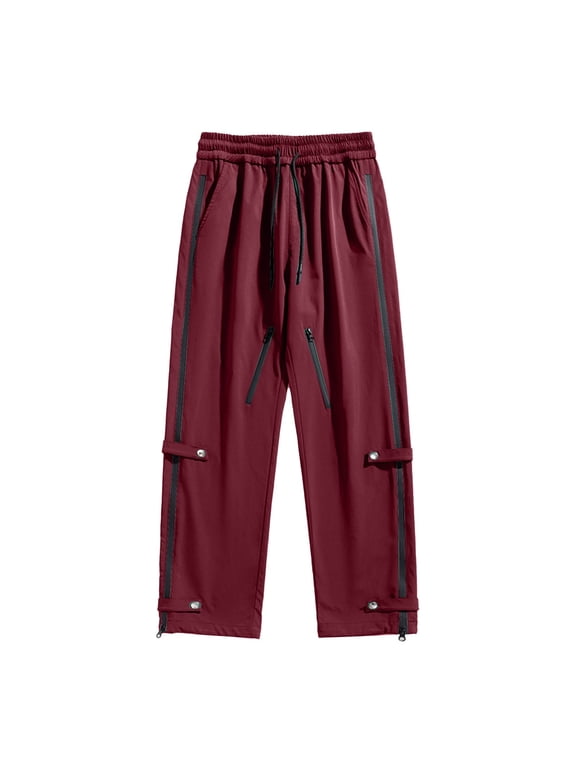 Mens Tear Away Quick Dry Basketball Pants 2 Side Zippers Snap off Full Open Down Sweatpants Leg Post Surgery Pant with Zipper Pockets Size 5XL Red