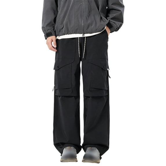 Mens Techwear Parachute Pants Large Pocket Cargo Utility Trousers Baggy Relaxed Fit Lightweight Summer Outdoor Bottoms L