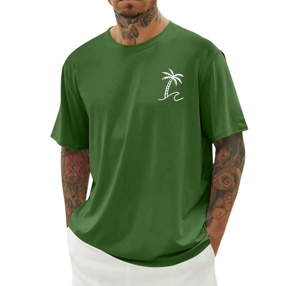 Mens Tee Casual Print Short Sleeve Crew Neck Comfort Beach Essentials for Men,Dark Green,XS