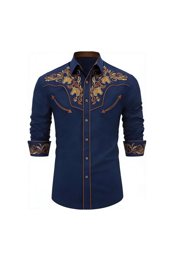 Mens Tee Casual Western Cowboy Long Sleeve Embroidered Button Down Mens New Clothing,Navy,S