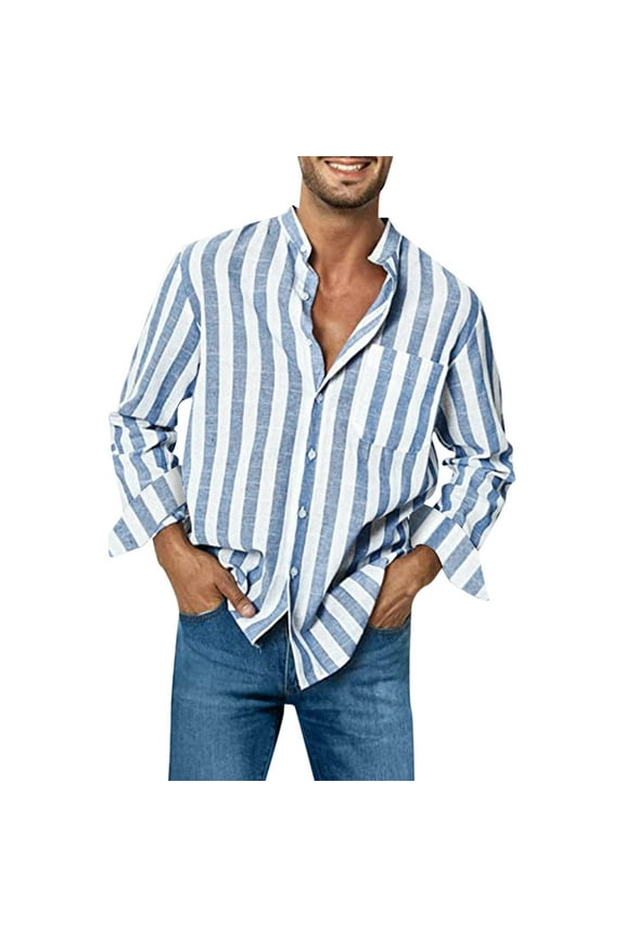 Mens Tee Shirts Striped Print Long Sleeve Button-Down Shirts Light Blue M Shirt