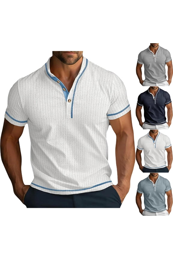 Mens Tees Short Sleeve Crewneck Henley Shirts Knitted Textured Shirt Solid T-Shirts Summer Top Size 3XL White