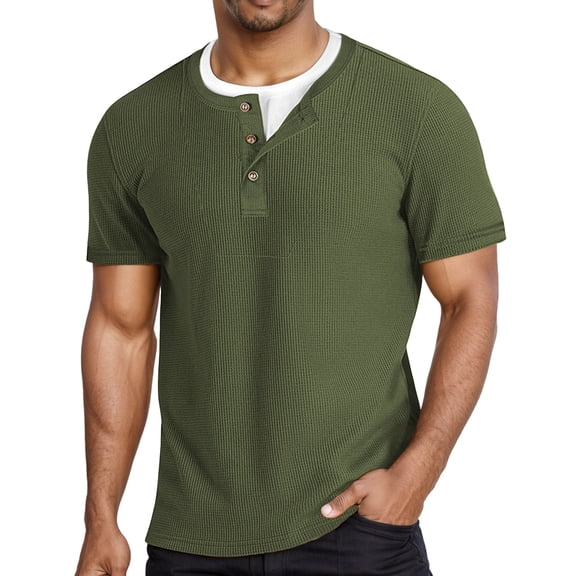 Mens Tees Short Sleeve Henley Pullover Tops with Waffle Knit Panel Lightweight Soft Casual Green L