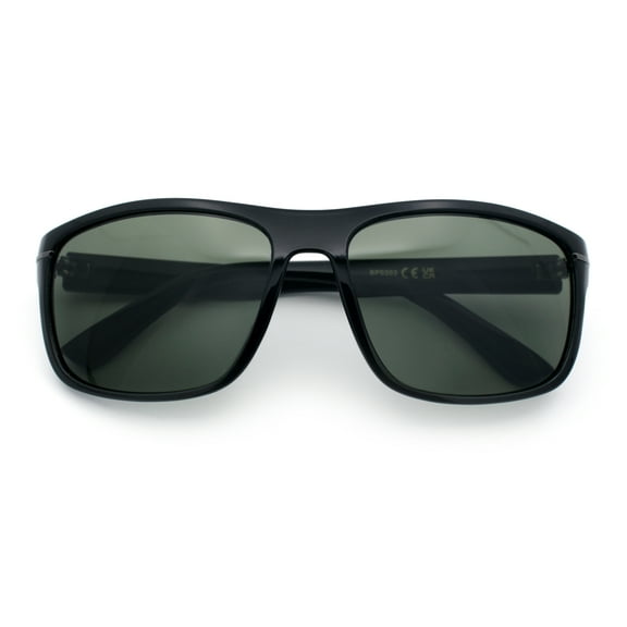 Mens Tempered Glass Lens Wrap Around Plastic Sport Sunglasses Shiny Black