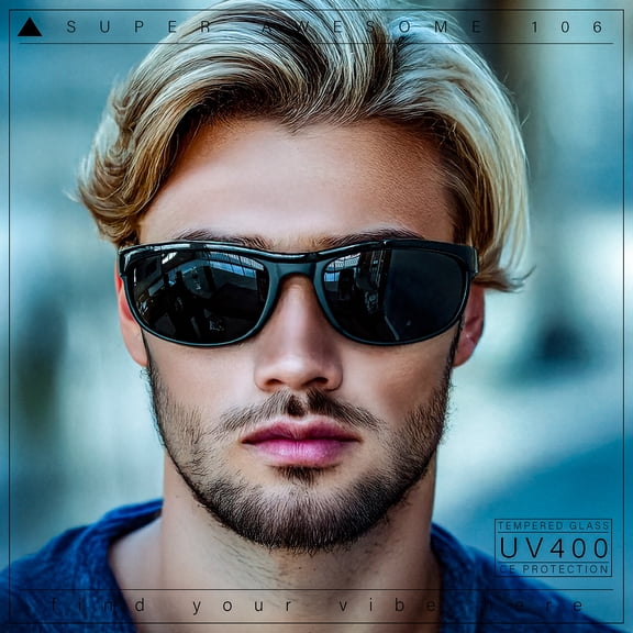 Mens Tempered Glass Plastic Biker Style Rectangular Oval Sunglasses Black Green