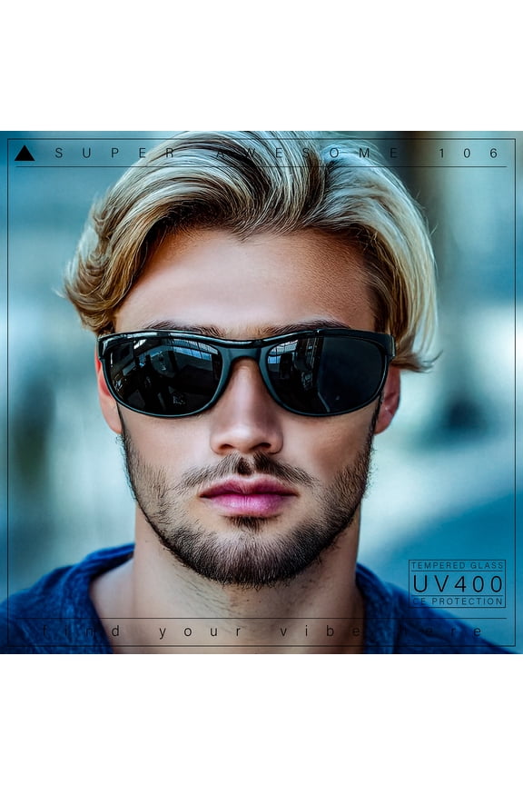 Mens Tempered Glass Plastic Biker Style Rectangular Oval Sunglasses Black Green