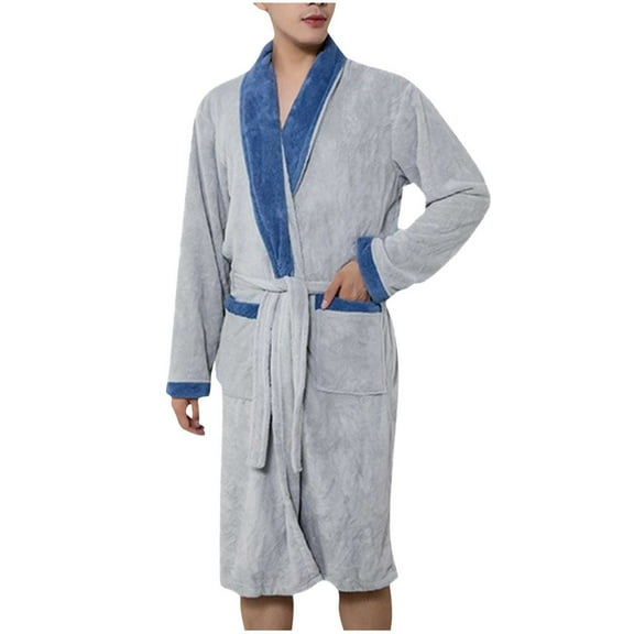 Mens Terrycloth Bathrobes Coral Fleece Short Robes with Belt Soft Plush Wrap Towel Robe Lounge Sleepwear, Gray, Free Size