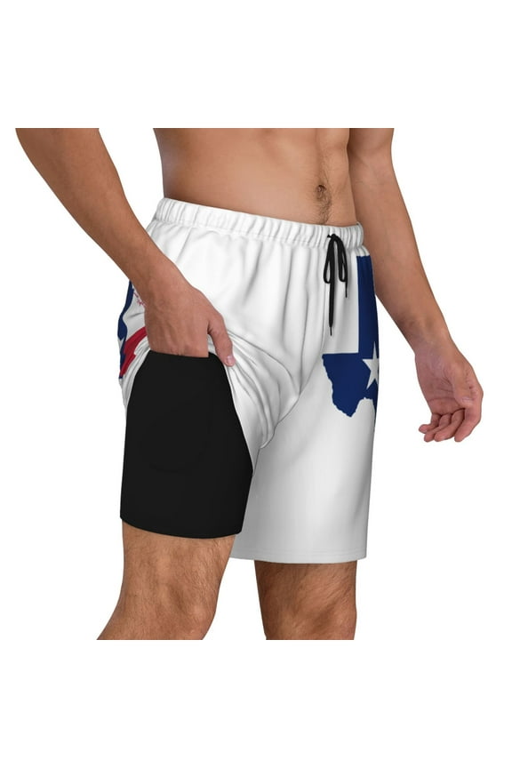 Mens Texas Flag Map Swimming Trunks with Compression Liner Beach Quick Dry Swim Shorts