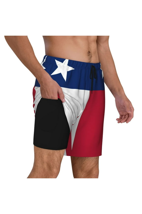 Mens Texas Flag Swimming Trunks with Compression Liner Beach Quick Dry Swim Shorts