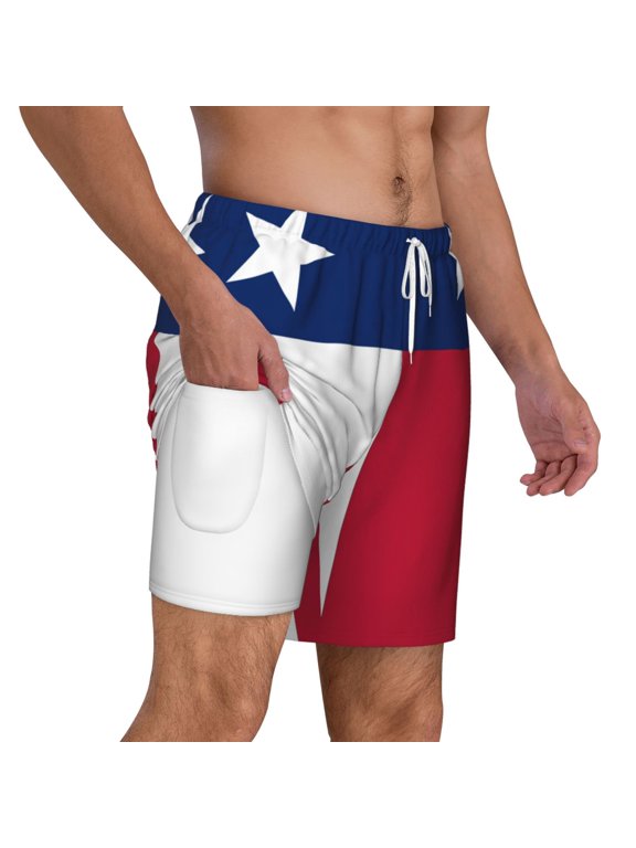 Mens Texas Flag Swimming Trunks with Compression Liner Beach Quick Dry Swim Shorts