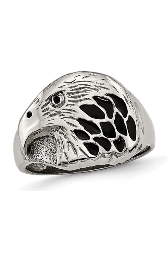 Gem & Harmony Mens Textured Black Enamel Eagle Ring in Stainless Steel for Men