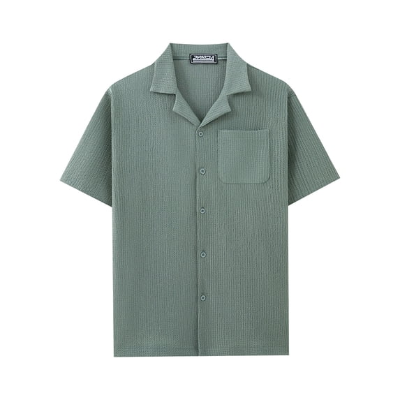 Mens Textured Button Down Shirt Short Sleeve Casual Summer Collared Beach Shirt with Pocket Lightweight Vacation Top