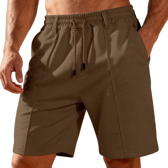 Mens Textured Casual Shorts Drawstring Elastic Waist Loose Fit Knee Length Shorts For Streetwear And Daily Wear,Camel,M