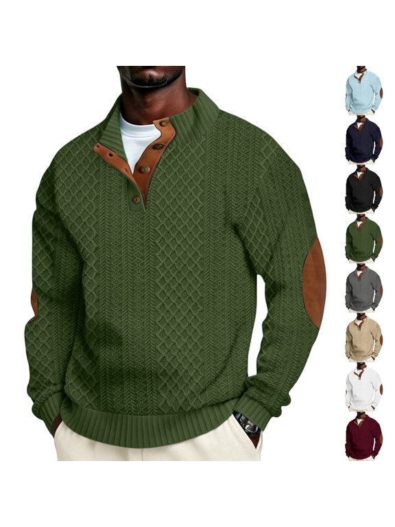 Mens Textured Henley Pullover Sweatshirt Long Sleeve Casual Tops with Button Placket and Patch Elbows Vintage Style Knit Jacket Smart Casual Outerwear Navy XL