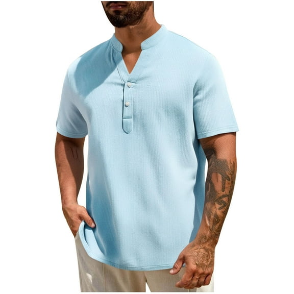 Mens Textured Henley Shirt Casual Lightweight Short Sleeve Summer Band Collar Button Tee Top Beach Hippie Shirts