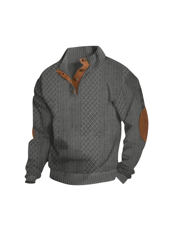 Mens Textured Henley Sweater Long Sleeve Button Mock Neck Elbow Patch Casual Knit Pullover Top