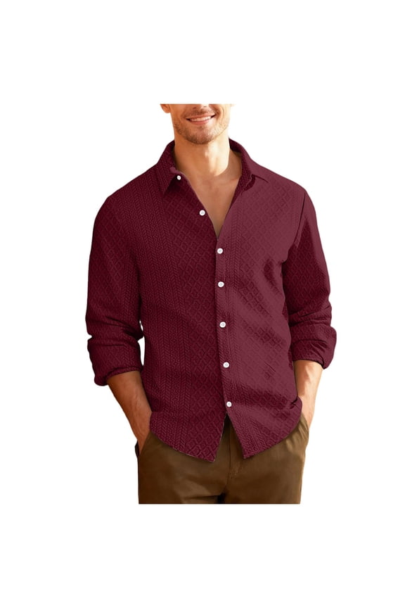 Mens Textured Shirt Long Sleeve Spread Collar Curved Hem Button Down Blouse Casual Classic Fit Trendy Top