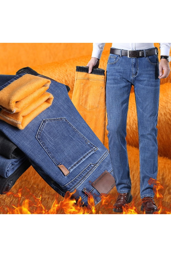 Mens Thermal Lined Winter Jeans Skinny Straight Leg Thicken Stretch Denim Pants Slim Fit Blue 34