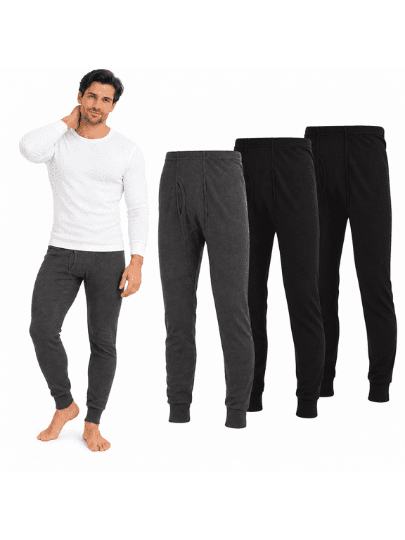 Men's Thermal Long Johns 3-Pack, Lightweight Waffle Knit Base Layer Pants, Warm Thermal Underwear Bottoms, Sizes S-3XL