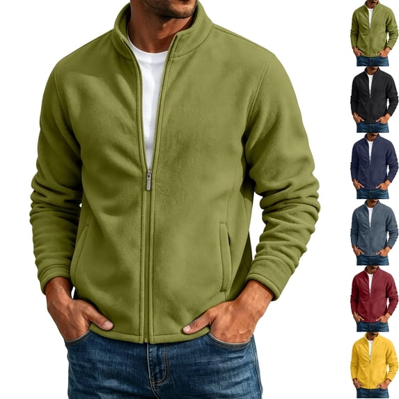 Mens Thermal Polar Fleece Jacket Casual Full Zip Stand Collar Warm Winter Sweatshirt Layering Coat for Golf Hiking Travel Work with Zip Pockets, Army Green, M
