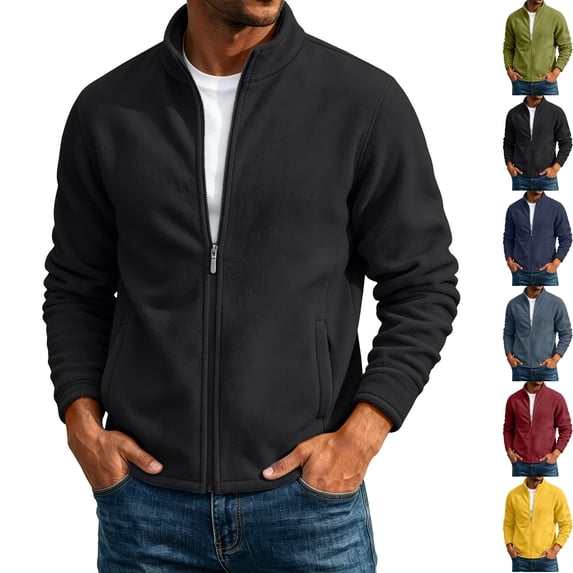 Mens Thermal Polar Fleece Jacket Casual Full Zip Stand Collar Warm Winter Sweatshirt Layering Coat for Golf Hiking Travel Work with Zip Pockets, Black, XL
