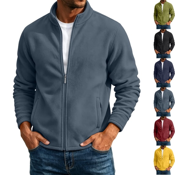 Mens Thermal Polar Fleece Jacket Casual Full Zip Stand Collar Warm Winter Sweatshirt Layering Coat for Golf Hiking Travel Work with Zip Pockets, Dark Gray, L