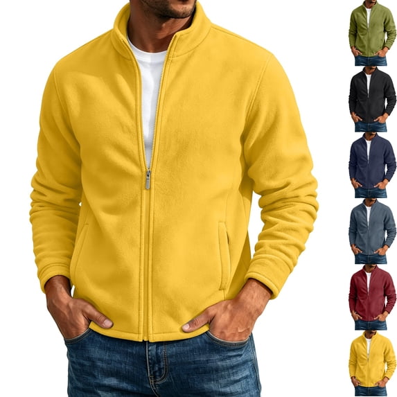 Mens Thermal Polar Fleece Jacket Casual Full Zip Stand Collar Warm Winter Sweatshirt Layering Coat for Golf Hiking Travel Work with Zip Pockets, Yellow, XS