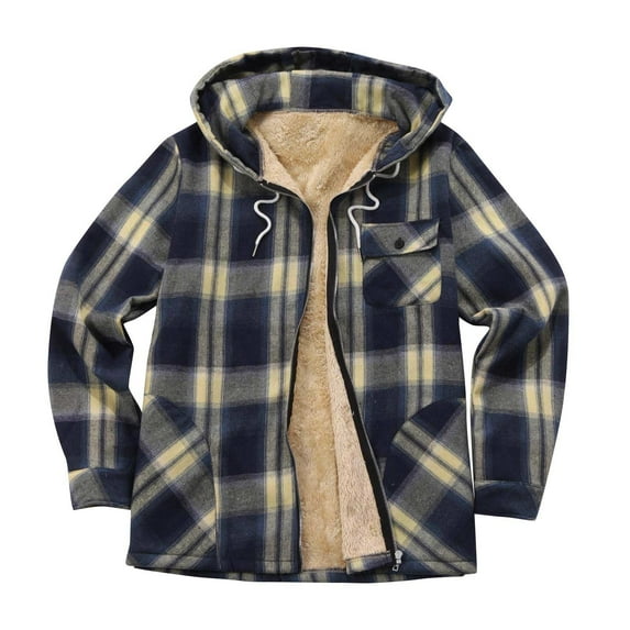 Mens Thermal Quilted Lined Flannel Shirts Jackets Hooded Button Down Long Sleeve Shirt Cozy Warm Winter Flannel Coats Thickened Plaid Jacket