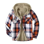 AOHOOY Mens Thermal Quilted Lined Flannel Shirts Jackets Hooded Button Down Long Sleeve Shirt Cozy Warm Winter Flannel Coats Thickened Plaid Jacket