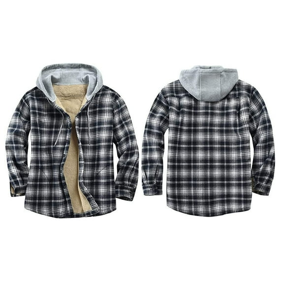 Mens Thermal Quilted Lined Flannel Shirts Jackets Hooded Button Down Long Sleeve Shirt Cozy Warm Winter Flannel Coats Thickened Plaid Jacket
