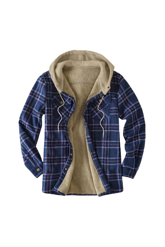 Mens Thermal Quilted Lined Flannel Shirts Jackets Hooded Button Down Long Sleeve Shirt Cozy Warm Winter Flannel Coats Thickened Plaid Jacket