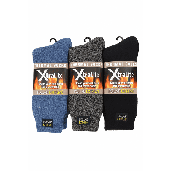Mens Thermal Xtra Lite socks- 10-13 (Black Grey Blue, 6 pack)