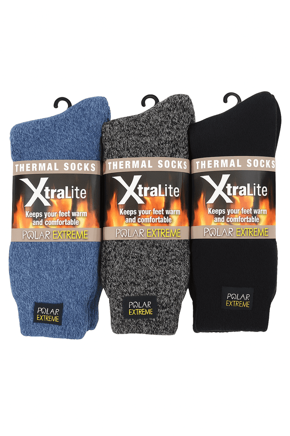 Mens Thermal Xtra Lite socks- 10-13 (Black Grey Blue, 6 pack)
