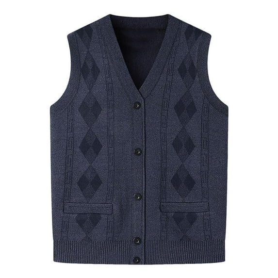 Mens Thick Argyle Sweater Vests Button Up Classic V Neck Knitted Sleeveless Pullover Autumn Winter Warm Tank Tops