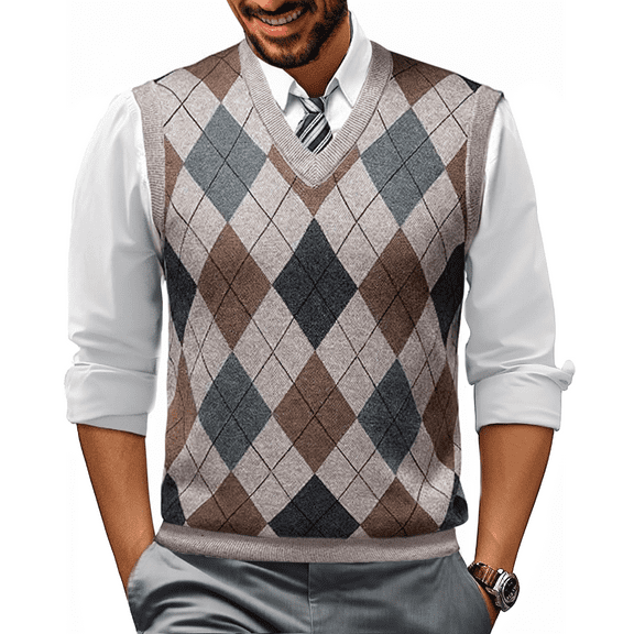 PUZTLOY Men’s Sweater Vest V Neck Argyle Knit Sleeveless Pullover Lightweight Casual Warm Knitwear Tank Top for Autumn Winter