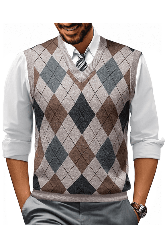 Men’s Sweater Vest V Neck Argyle Knit Sleeveless Pullover Lightweight Casual Warm Knitwear Tank Top for Autumn Winter