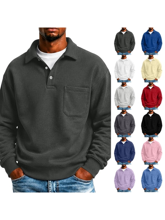 Mens Thick Long Sleeve Polo Shirt with Chest Pocket Polo Collar Ribbed Trim,M