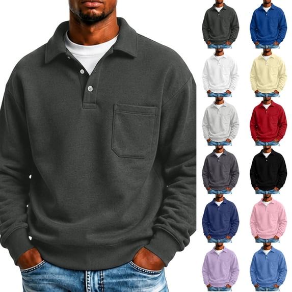Mens Thick Long Sleeve Polo Shirt with Chest Pocket Polo Collar Ribbed Trim,XL