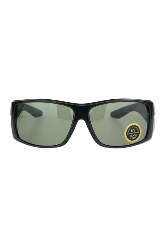 Mens Thick Temple Glass Lens Rectangular Warp Black Cholo Sunglasses Gloss Black Green