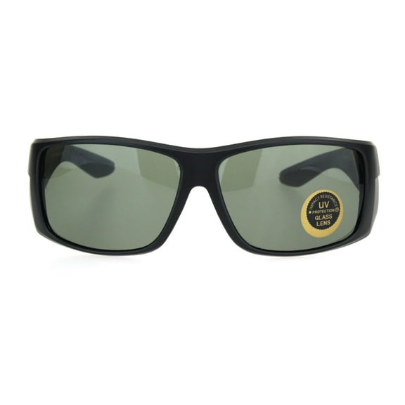 Mens Thick Temple Glass Lens Rectangular Warp Black Cholo Sunglasses Matte Black Green