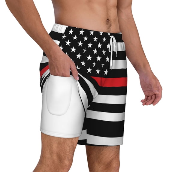 Mens Thin Blue Line Flag 2 in 1 Quick Dry Swim Trunks with Compression Liner Beach Shorts