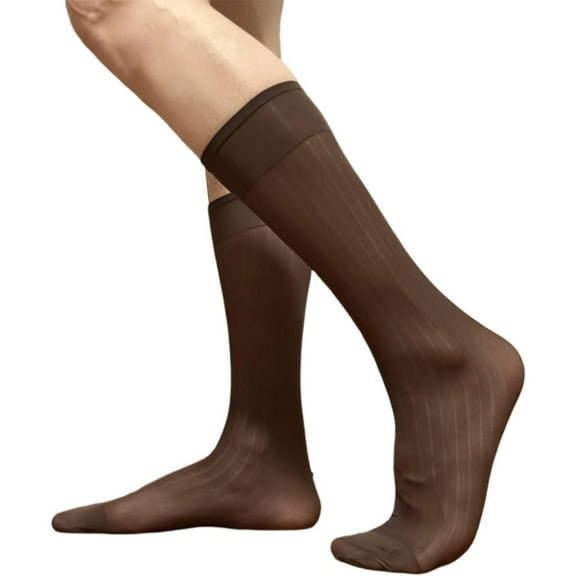 Mens Thin Dress Socks Silk Sheer Formal Business Socks Soft Over the Calf Suit Socks Wide Striped Long Stockings