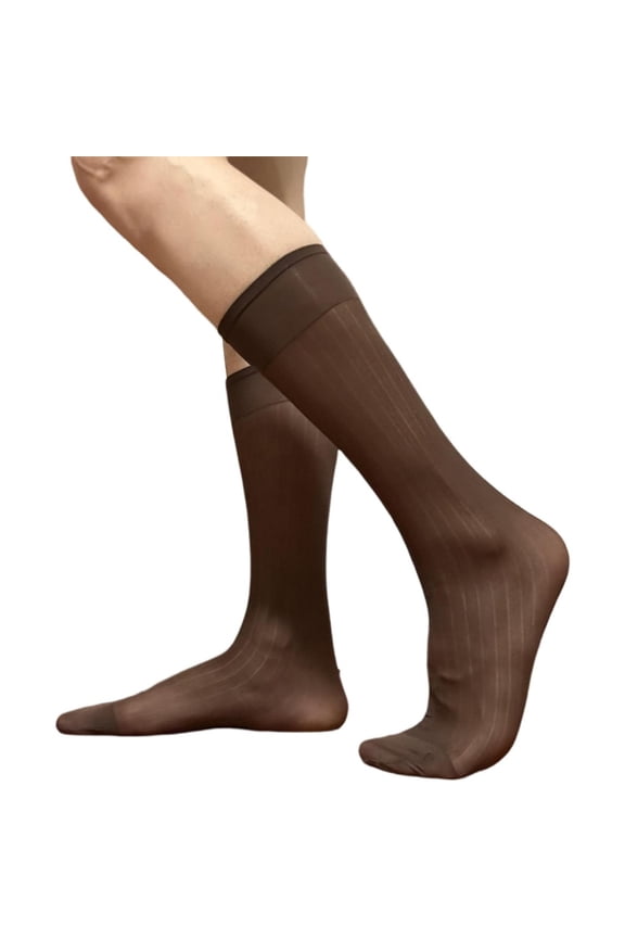 Mens Thin Dress Socks Silk Sheer Formal Business Socks Soft Over the Calf Suit Socks Wide Striped Long Stockings
