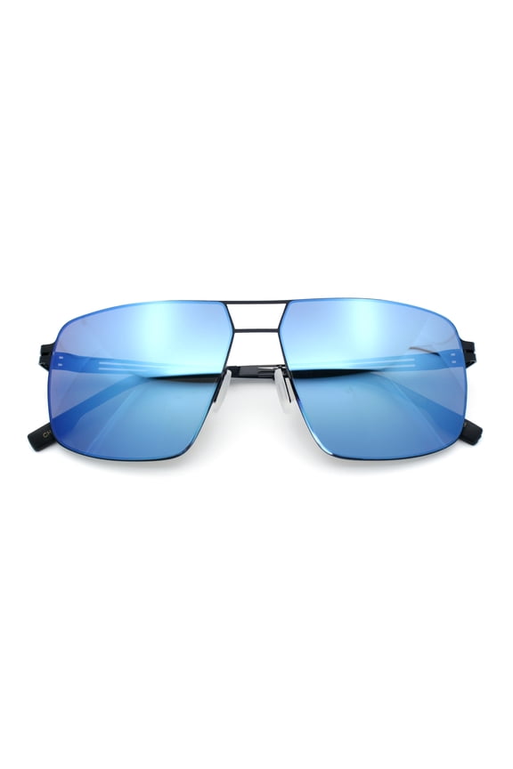 Mens Thin Metal Rim Spring Hinge Air Force Rectangle Officer Gentleman Sunglasses [Black - Blue Mirror]
