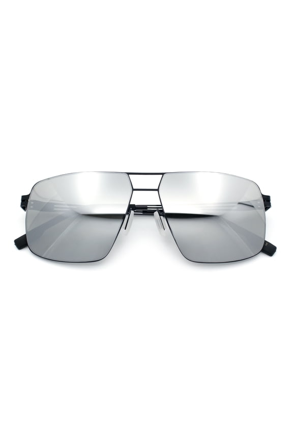 Mens Thin Metal Rim Spring Hinge Air Force Rectangle Officer Gentleman Sunglasses [Black - Silver Mirror]