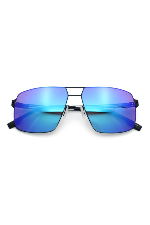 Mens Thin Metal Rim Spring Hinge Air Force Rectangle Officer Gentleman Sunglasses [Black - Teal Mirror]